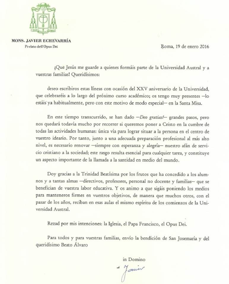 Carta de Monseñor Javier Echevarría- Prelado del Opus Dei- con motivo de aniversario 25°